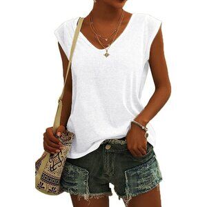 🆕 Women White Cap Short Sleeve T-Shirt Casual Loose Fit Comfortable Tank Tops